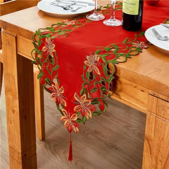 Christmas embroidered table runner red poinsettia green leaves holiday decor 69 - Picture 3 of 8